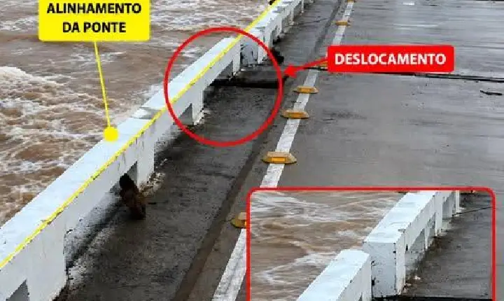 FORÇA DA ÁGUA DESLOCA TABULEIRO E PONTE ENTRE BENTO GONÇALVES E COTIPORÃ SEGUE INTERDITADA