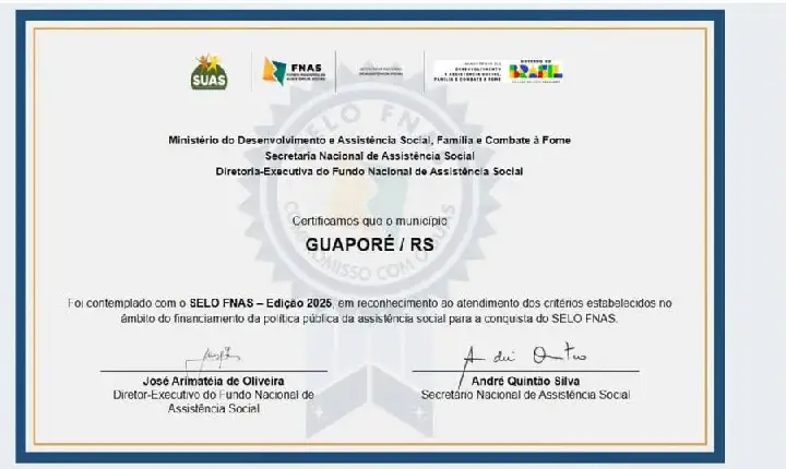 Guaporé é reconhecido nacionalmente com o SELO FNAS – Edição 2025