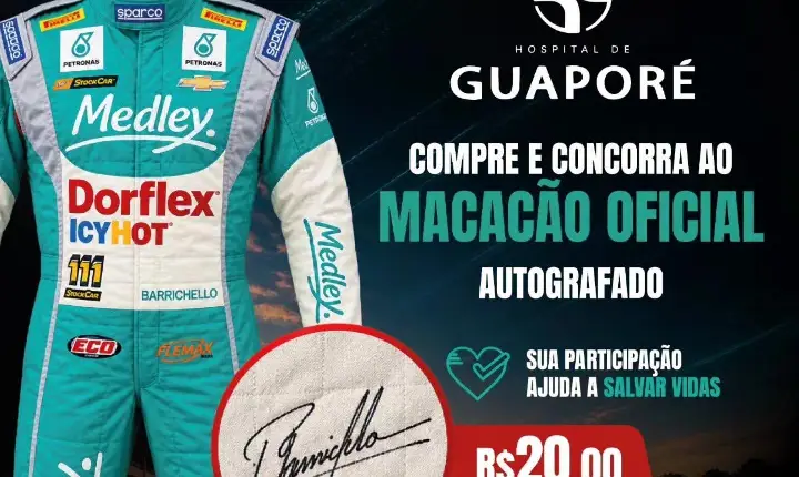 RIFA BENEFICENTE EM PROL DO HOSPITAL DE GUAPORÉ – MACACÃO OFICIAL AUTOGRAFADO PELO RUBINHO BARRICHELLO