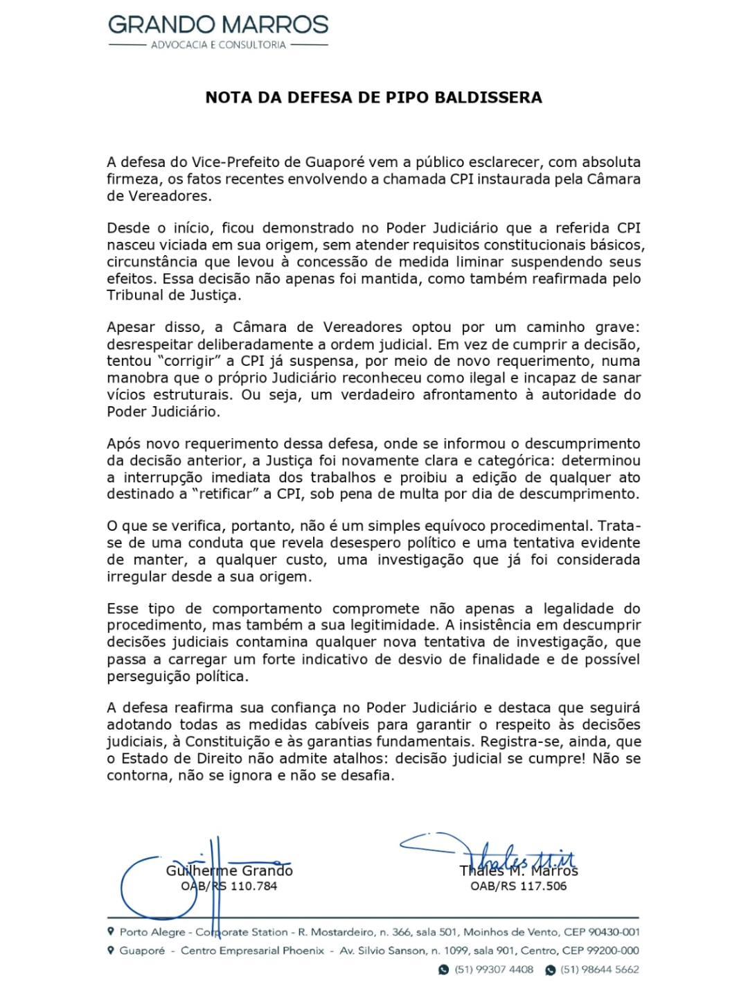 Nota de Defesa de Vice - Prefeito Pipo Baldissera