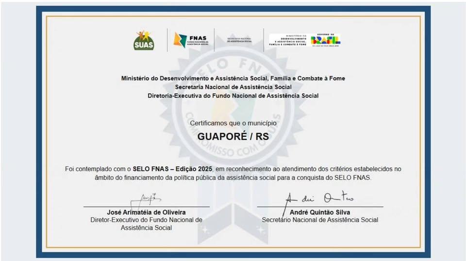 Guaporé é reconhecido nacionalmente com o SELO FNAS – Edição 2025