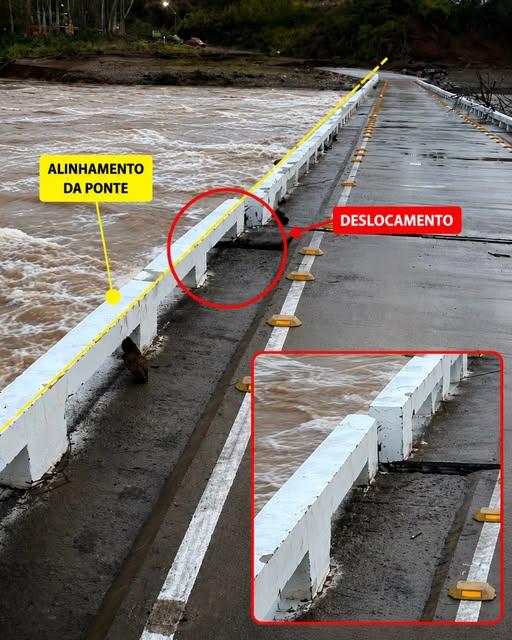 FORÇA DA ÁGUA DESLOCA TABULEIRO E PONTE ENTRE BENTO GONÇALVES E COTIPORÃ SEGUE INTERDITADA
