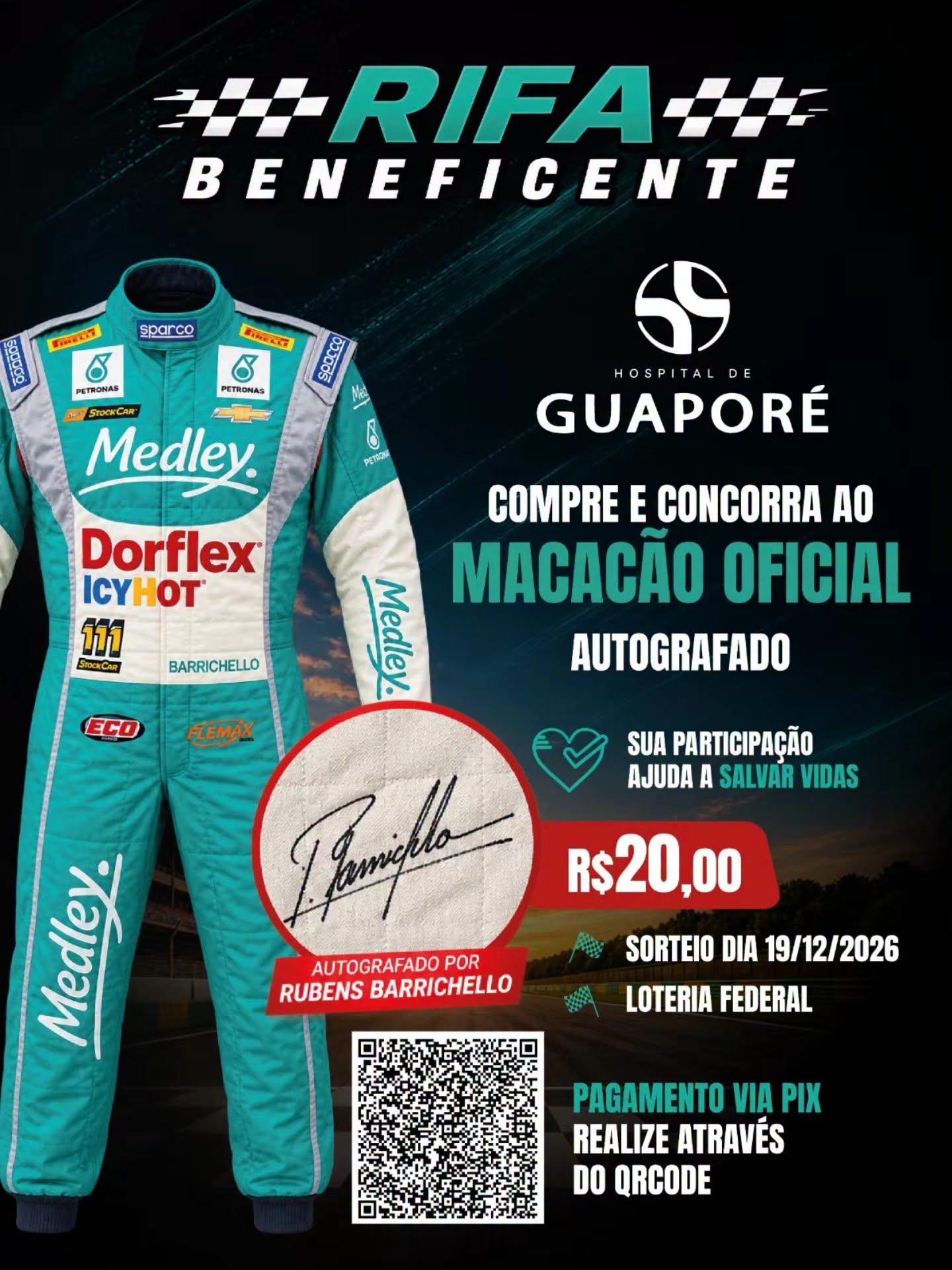 RIFA BENEFICENTE EM PROL DO HOSPITAL DE GUAPORÉ – MACACÃO OFICIAL AUTOGRAFADO PELO RUBINHO BARRICHELLO